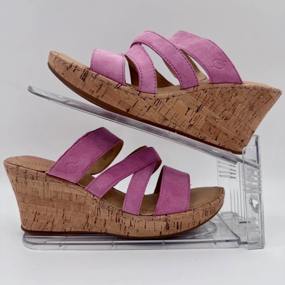 NWOT Born Pink Suede Cork Wedge Sandals Strappy Slide Womens 10M F46612 CIA18